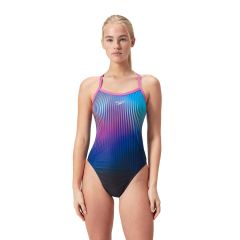 Speedo Womens Placement Digital Turnback Swimsuit - Black/Kiki Pink/Picton Blue