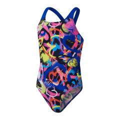 Speedo Girls Digital Allover Powerback Swimsuit - True Cobalt/Flare Pink/Bolt/Bitter Lime/Watermelon/Black/White