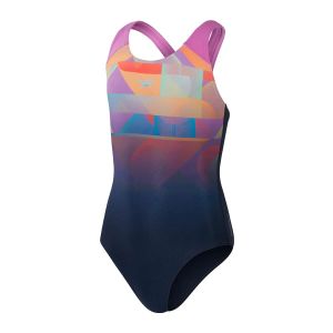 Speedo Girls Digi Placement Splashback Swimsuit - True Navy/Kiki Pink/Siren Red/Matcha