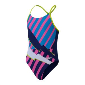 Speedo Girls Placement Lane Line Back Swimsuit - Cerulean Blue/Flare Pink/Bitter Lime/Bolt