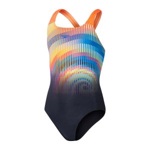 Speedo Girls Digital Placement Powerback Swimsuit - Black/Siren Red/True Cobalt/Lemon Drizzle