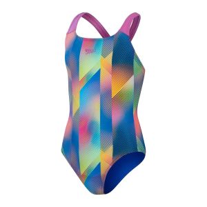 Speedo Girls Digital Allover Powerback Swimsuit - True Cobalt/Kiki Pink/Lemon Drizzle/Matcha/Siren Red