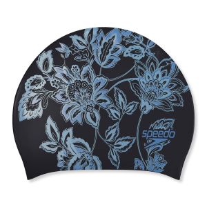 Speedo Printed Long Hair Swimming Cap - Black/Sevres Blue