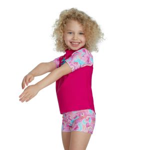 Speedo Girls Short Sleeve Printed Rash Top Set - Pink/Blue