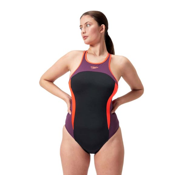 Speedo Womens High Neck Splice Cross back Swimsuit Black Plum Dandy Siren Red